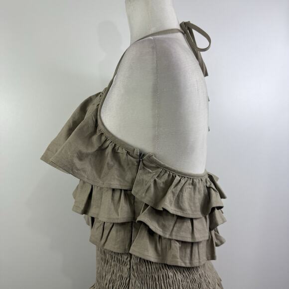 Tularosa Rory Linen Blend Mini Dress Medium Ruffled Smocked Backless Tie Neck - Picture 6 of 15